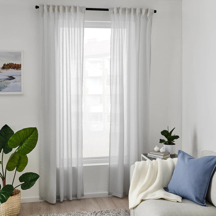 BYMOTT Curtains, 1 pair, white/light grey striped 120x250 cm