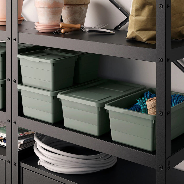 SOCKERBIT storage box with lid, grey-green, 19x26