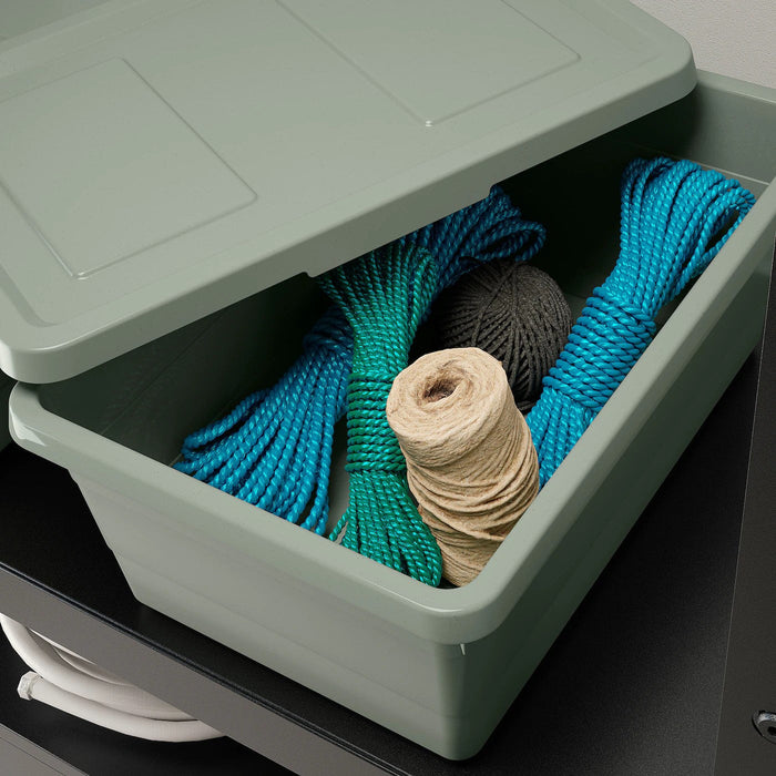 SOCKERBIT storage box with lid, grey-green, 19x26