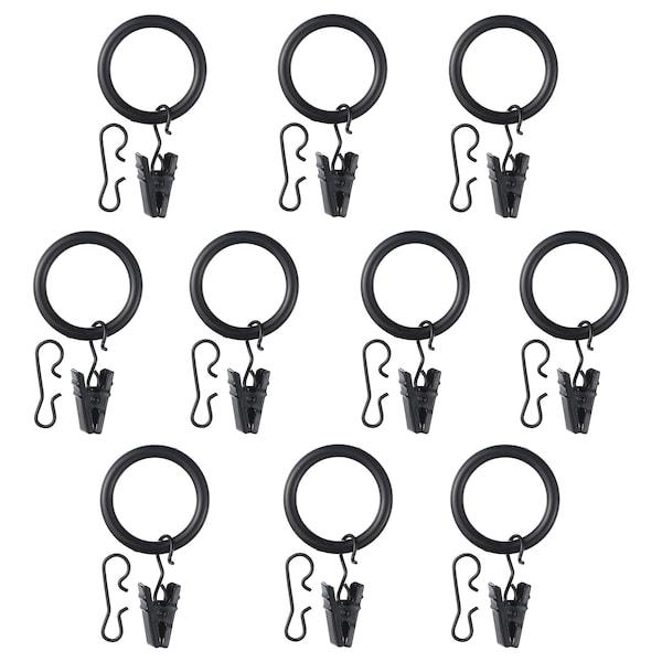 SYRLIG Curtain ring with clip and hook, black 25 mm