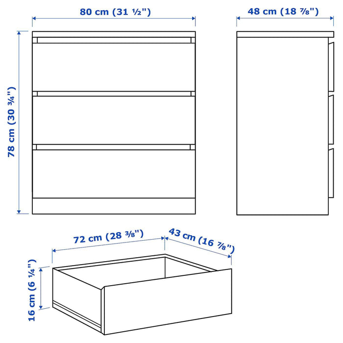 MALM Chest of 3 drawers, white 80x78 cm