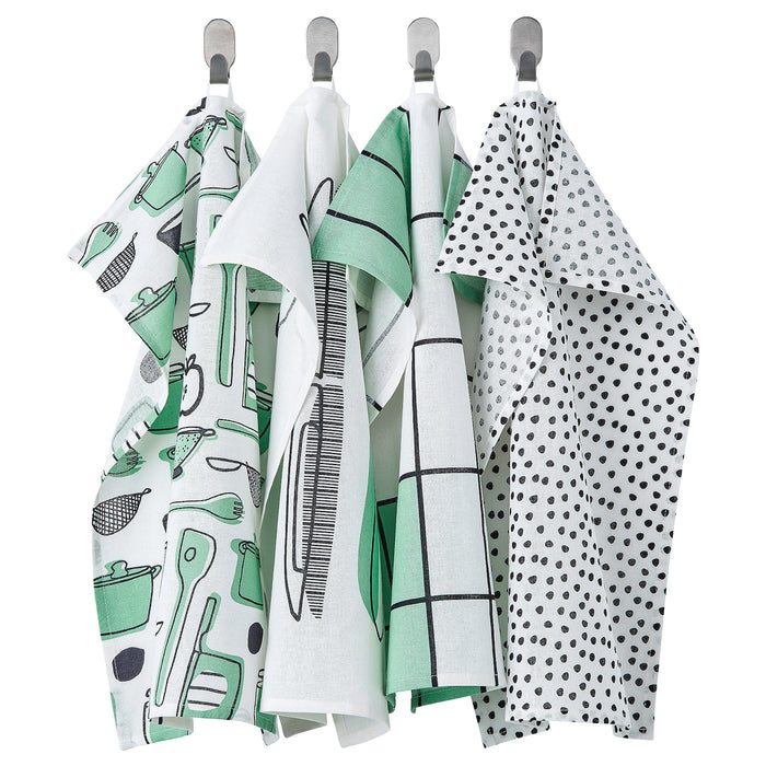 RINNIG Tea towel, white/green/patterned, 45x60 cm